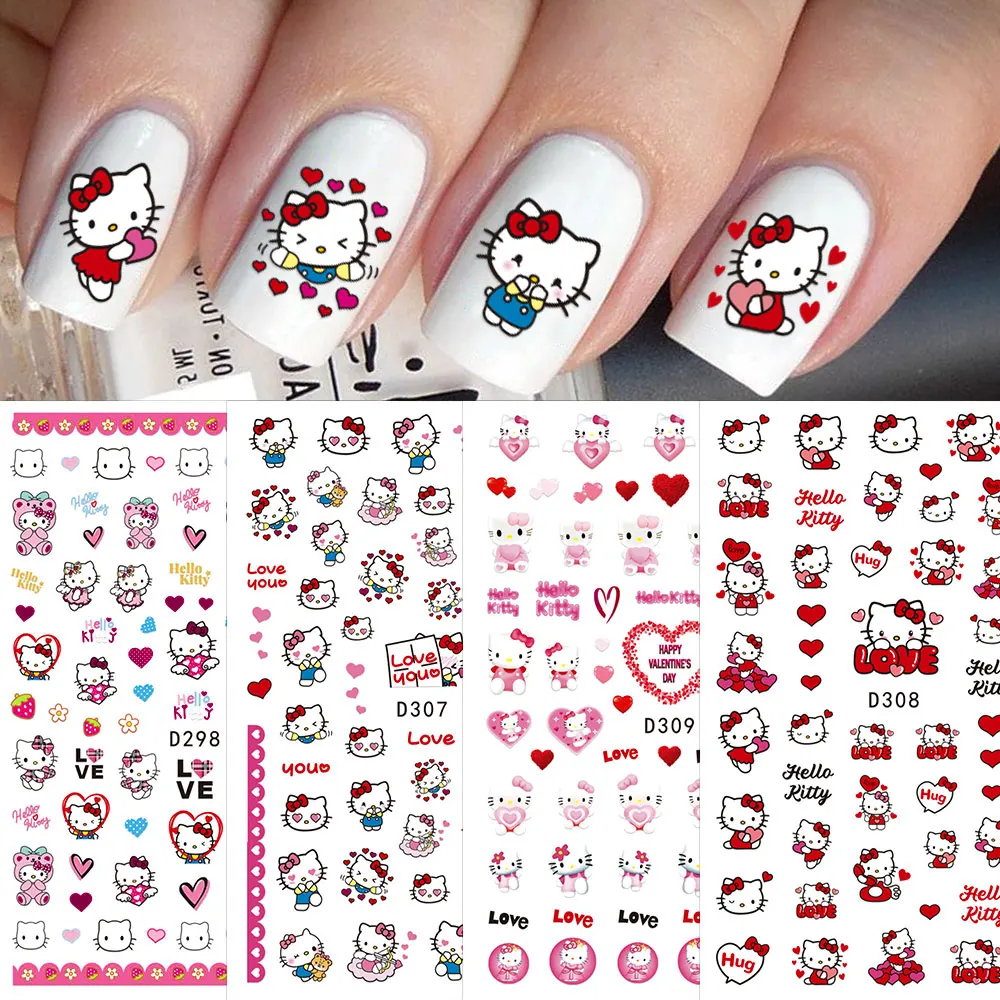 16 Stück Kawaii Pink Love Hello Kitty Nail Art Aufkleber für Mädchen Süße Kuromi Hello Kitty Katze Nagelaufkleber Selbstklebende Maniküre-Zubehör