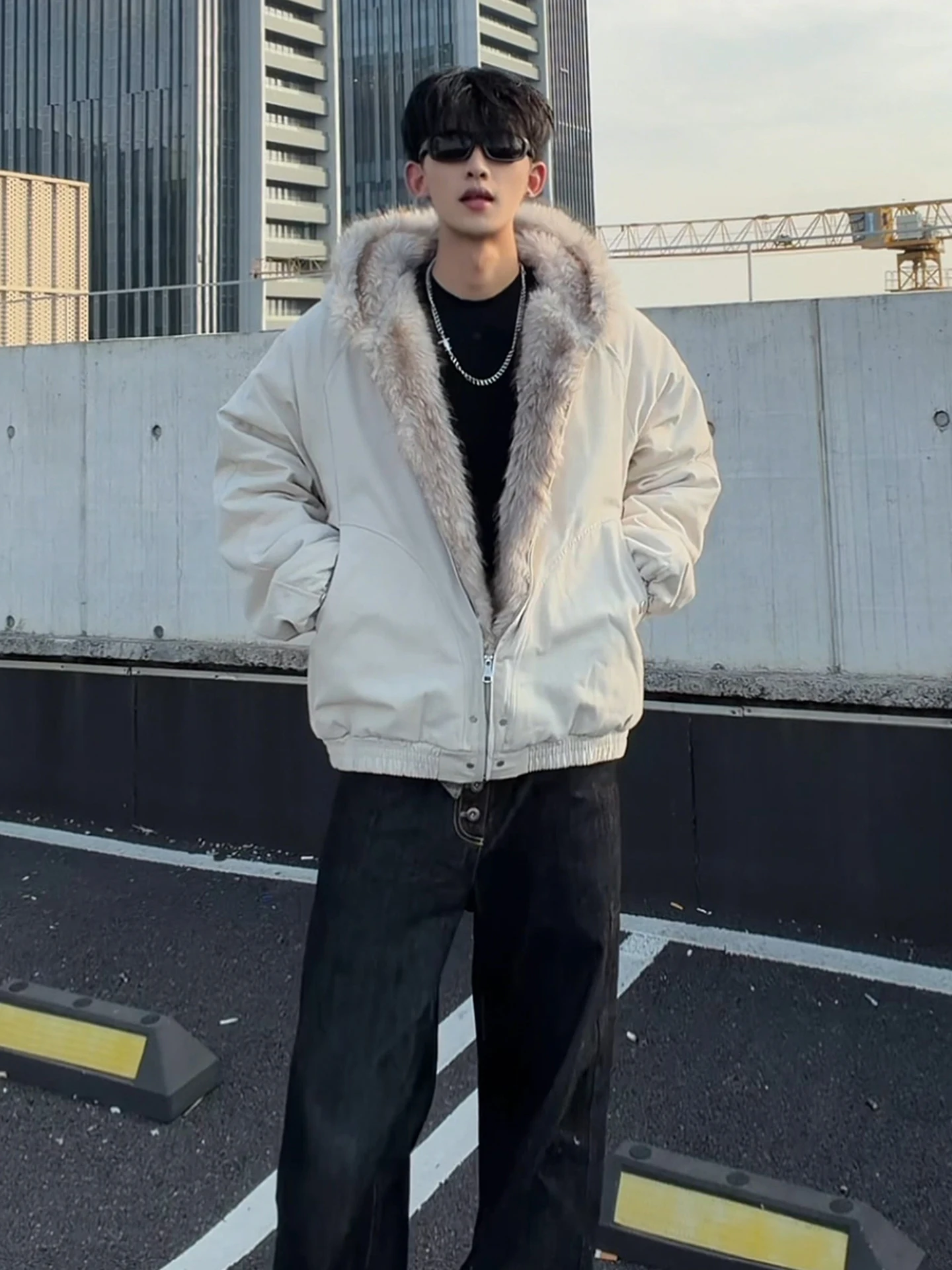 

American High Street Style Men's Cotton Jacket Thickened Short Hooded Coat with Fur Collar Cleanfit Winter Workwear Coat