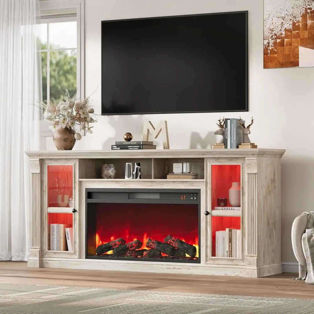 Soporte para TV con chimenea de granja de hasta 80 televisores, 70 centros de entretenimiento modernos con 36 chimenea eléctrica y luces LED, medios