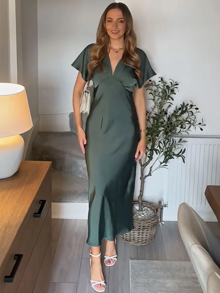 캐주얼 여성용 솔리드 드레스 실크 질감 브이넥 반팔 루즈핏 미디 드레스 2025 여름 시크 엘레강스 여성 새틴 드레스
