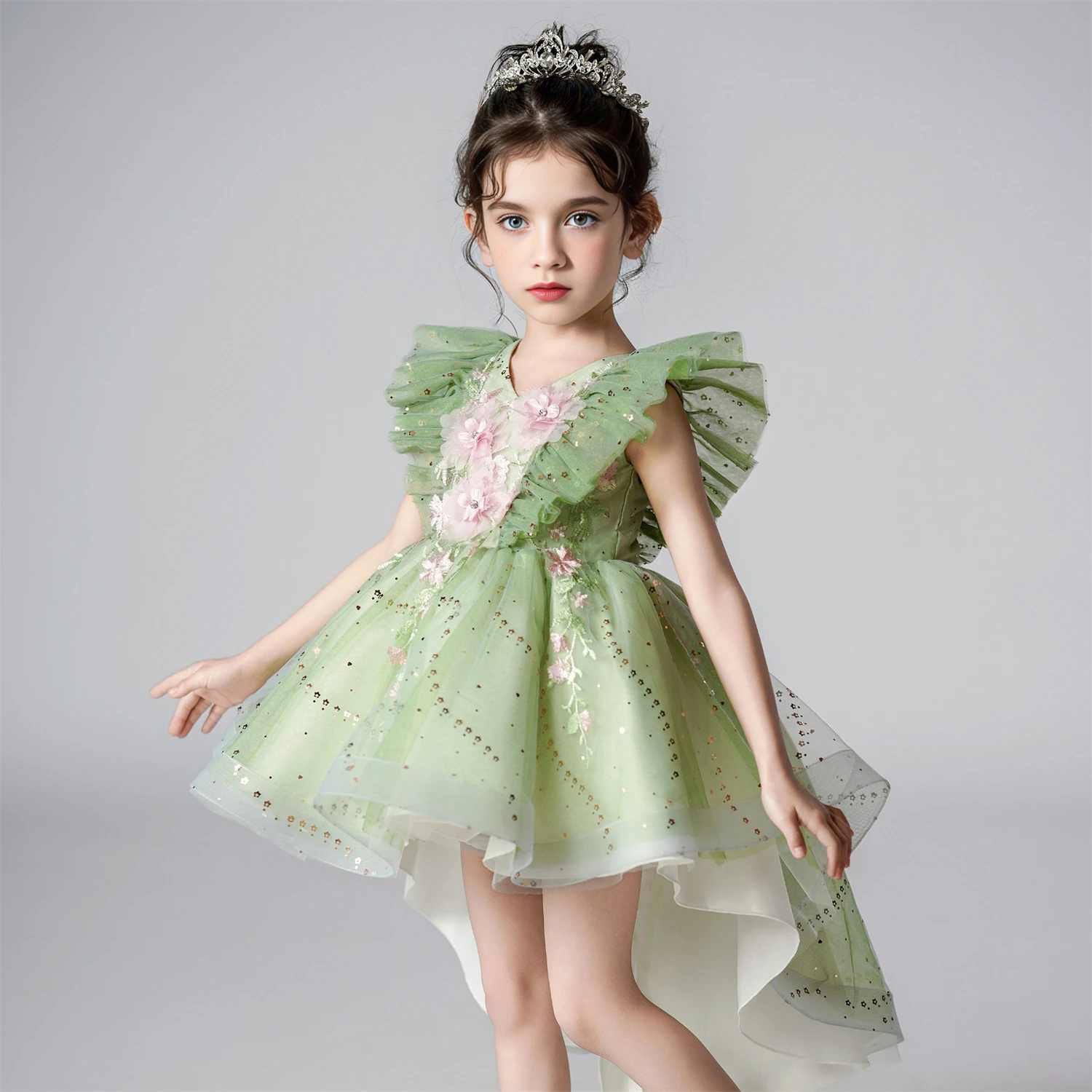 T8906 Summer New Mesh Princess Dress Children\'s Dress Performance Green Tailcoat Girl Flower Children\'s Wear