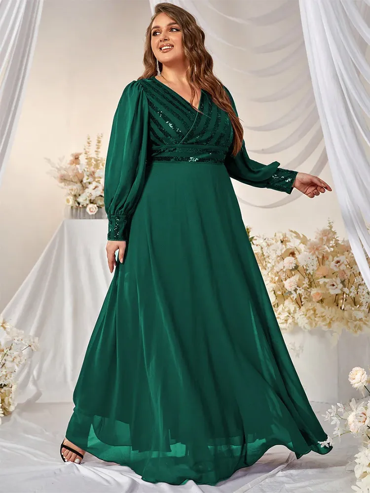 

2023 Plus Size V Neck Sparkling Wedding Royal Blue Long Sleeve Evening Dress 4XL5XL Luxury Elegant Chiffon Wedding Prom Gown