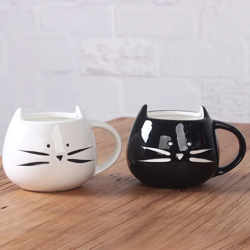 

Cute Cat Ceramic Mug Cartoon Coffee Cup Black White Pair Gift Home Use
