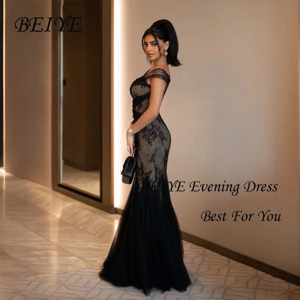 BEIYE luxe dentelle noir sirène robes de soirée hors de l'épaule col bateau plissé robe de soirée personnalisé فساتmaveraات