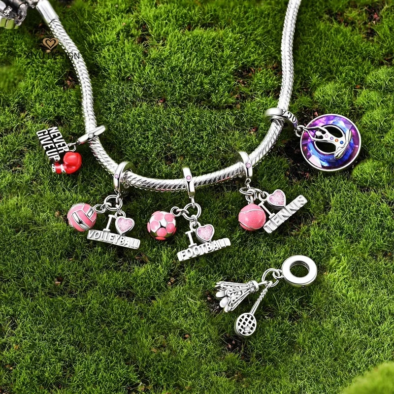 925Sterling Silver Sport Charm Basketball Football Badminton Boxing Bead Pendant Fit DIY Bracelet Jewelry Making for Women Gift view 4