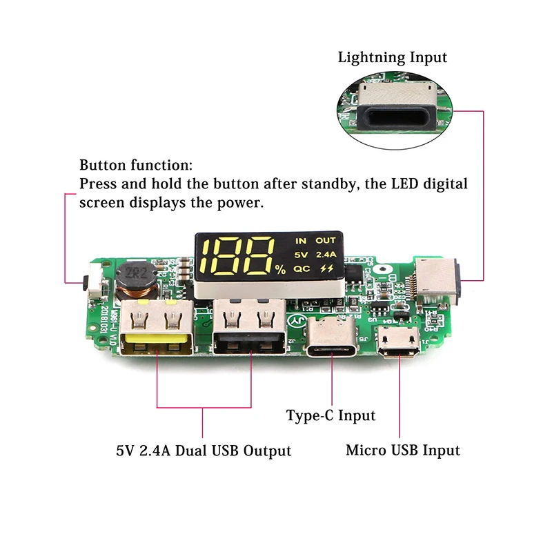 LED Dual USB 5V 2.4A Micro/Type-C USB Mobile Power Bank 18650 Charging Module Lithium Battery Charger Board Circuit Protection