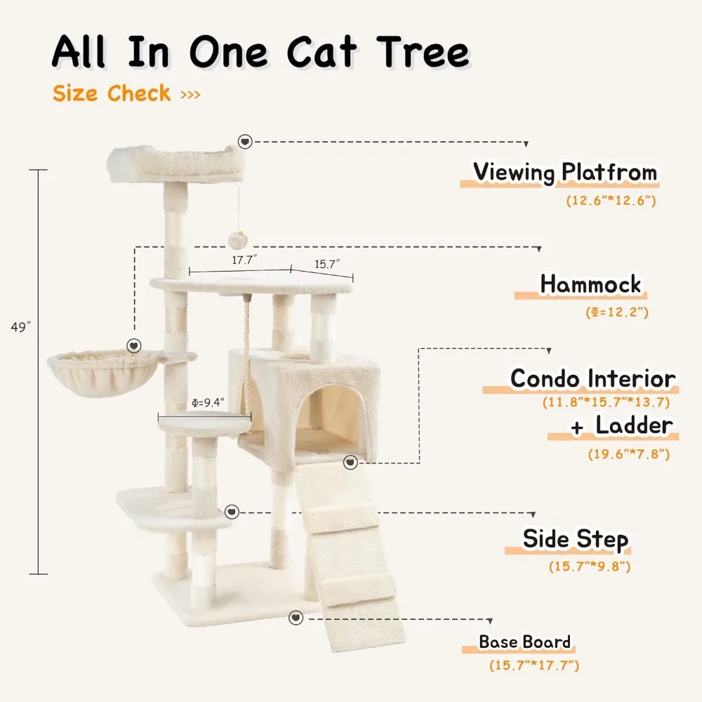 Multi Level 51 inch Cat Tree Tower for Indoor Cat with Cat Condo, Scratching Sisal Posts,Hammock, Ladder and Feeding Bowl Beige