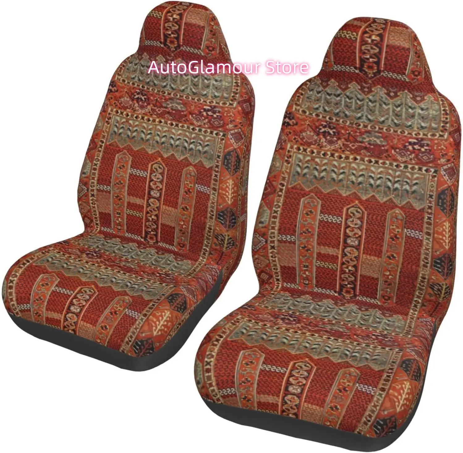 Oriental Rug Design in Orange 2-Piece   Seat Cover Complete Set - Elastic Seat Protection Cover for Cars, Trucks, S