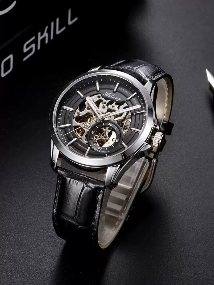 AILANG Top Brand Men\'s Skeleton Mechanical Watch Waterproof Leather Strap Men Transparent Automatic Wristwatch Relogio Masculino