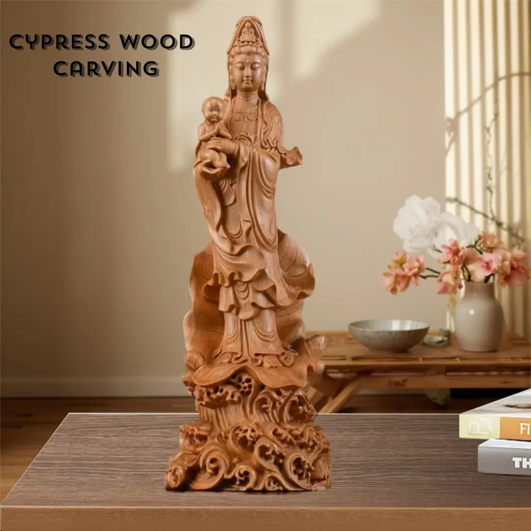 Estátua de Guanyin em madeira de cipreste com bebê, escultura chinesa de Kuan Yin Buda, decoração para casa, altar, escritório, ornamento de fertilidade e Feng Shui.