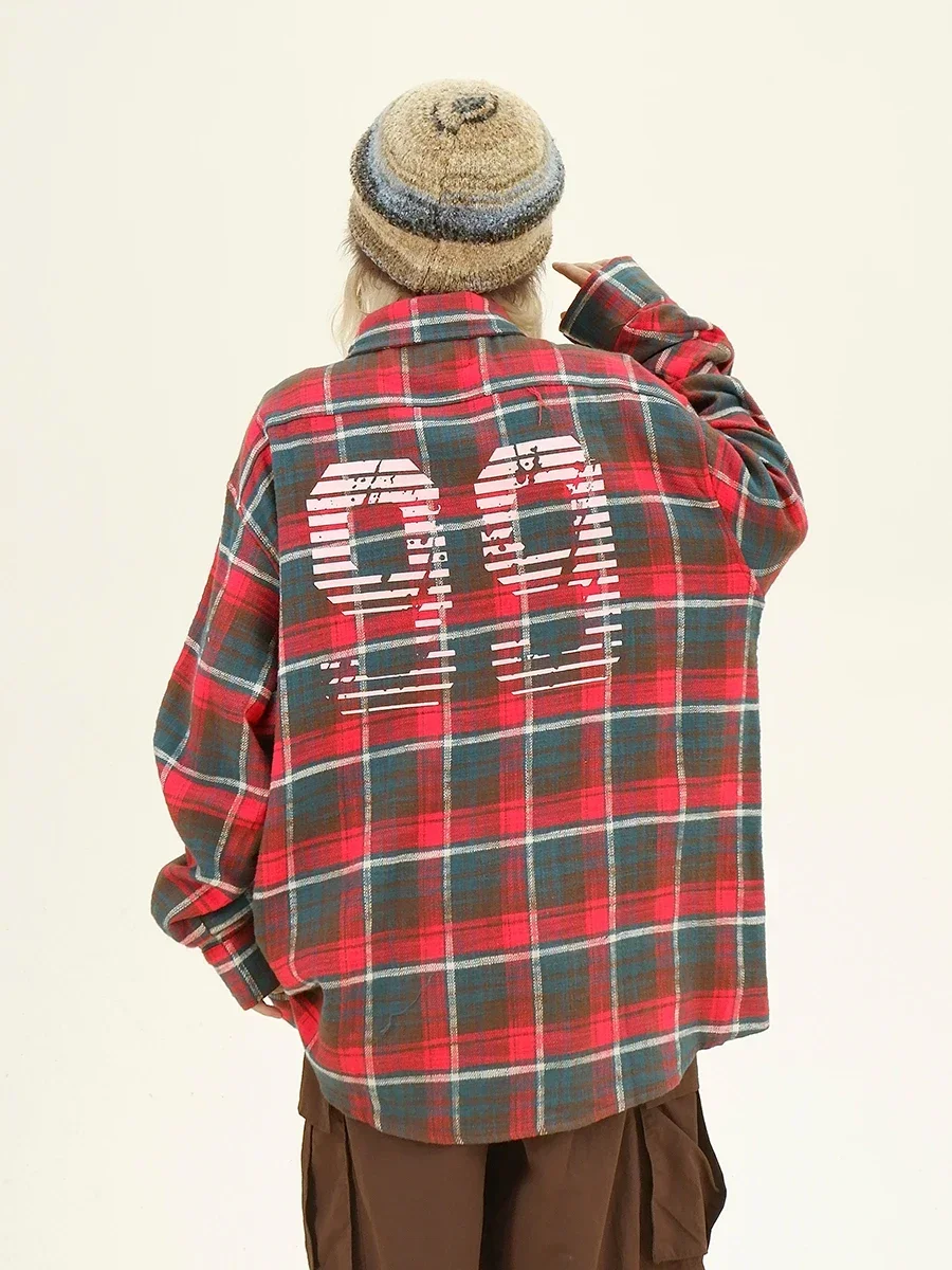 Digital Plaid Long-sleeved Shirts 2024 Autumn New Loose Bf American Street Hip-hop Top Women