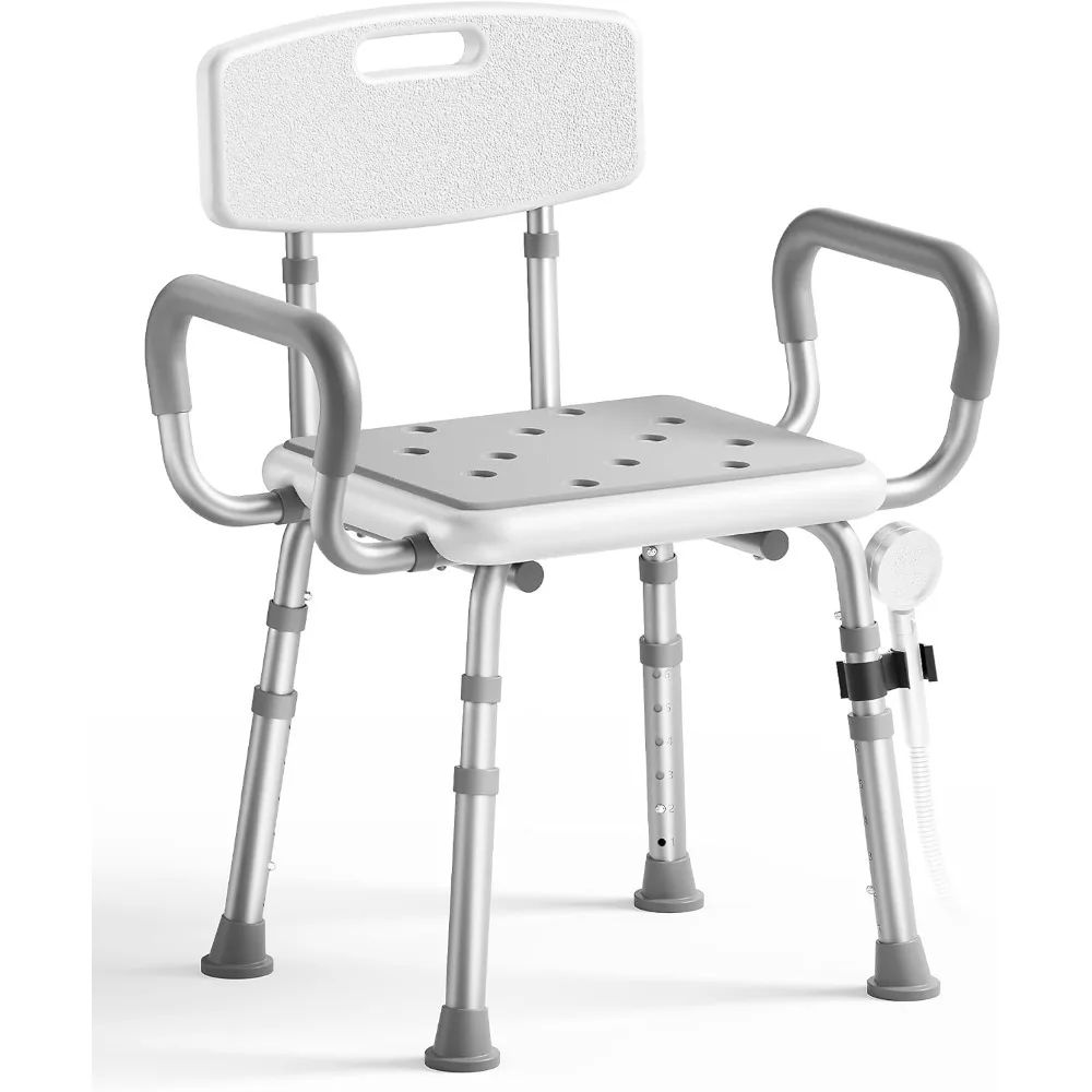 

Adjustable Height Shower Chair with Arms and Back for Elderly and Disabled Non-Slip Feet Heavy Duty Shower Seat 400 lbs