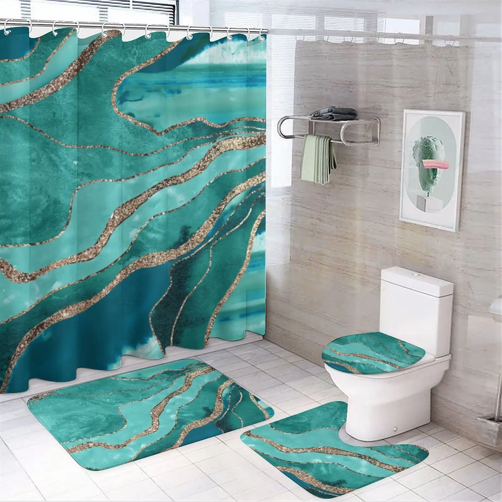 Green agate printed shower curtain Modern non-slip carpet shower curtain Waterproof polyester home decor 180x180