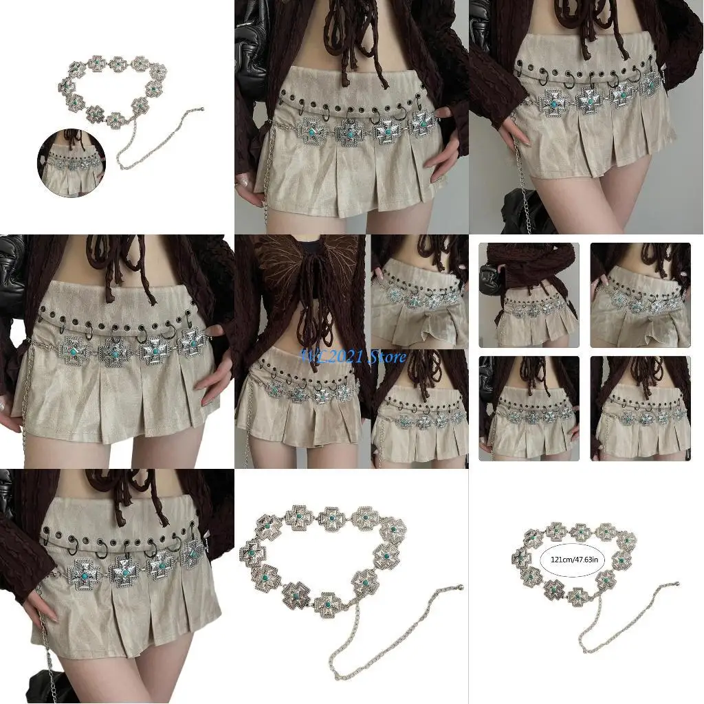 

G5GC Gothic Waist Belt Chain Party Costume Sexy Metallic Crosses Jewelry for Jeans Body Jewelry for Women Hot Girls