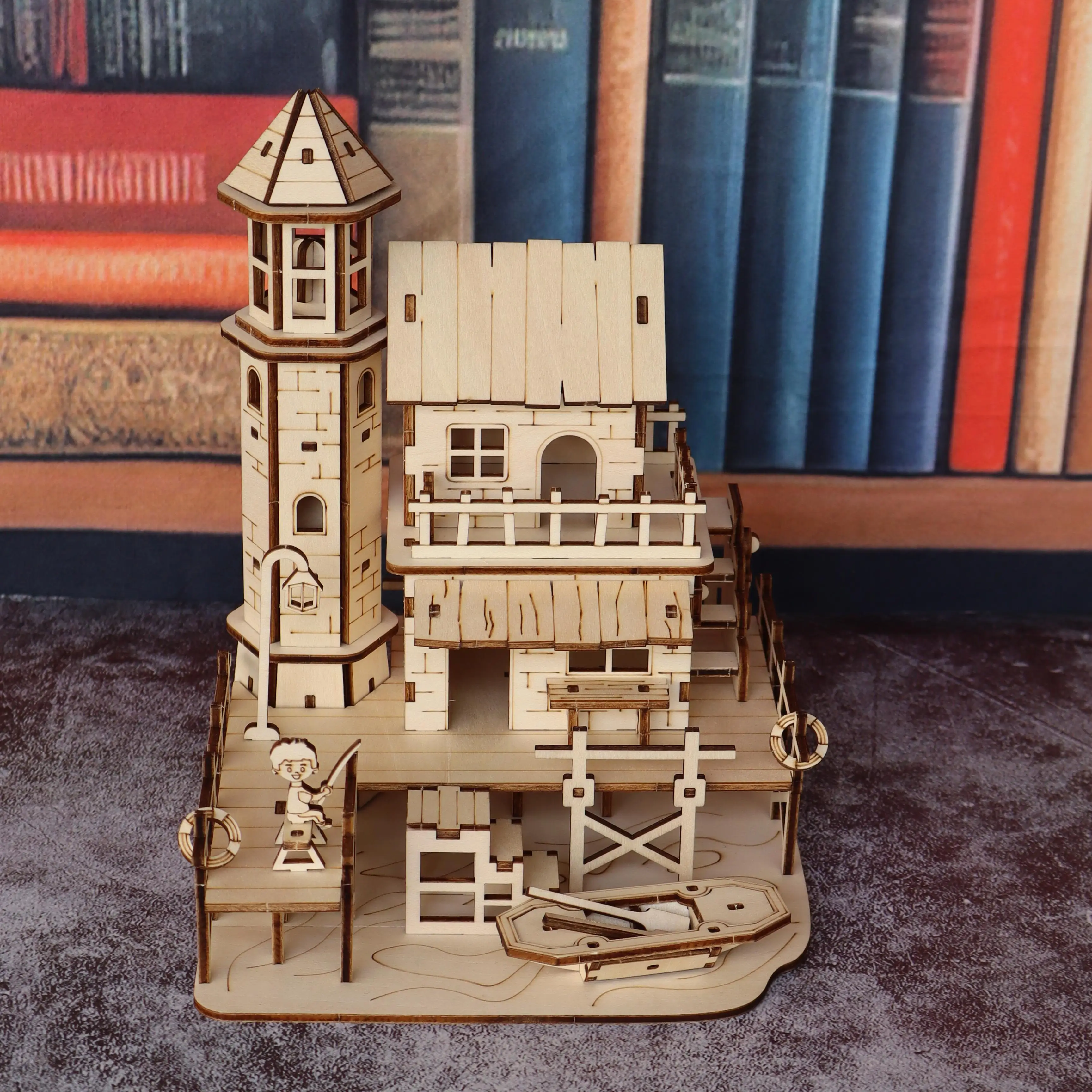مجموعة نماذج تجميع خشبية لمقصورة الصياد، نموذج بناء قرية الصيد الخشبية ثلاثية الأبعاد مصنوع يدويًا