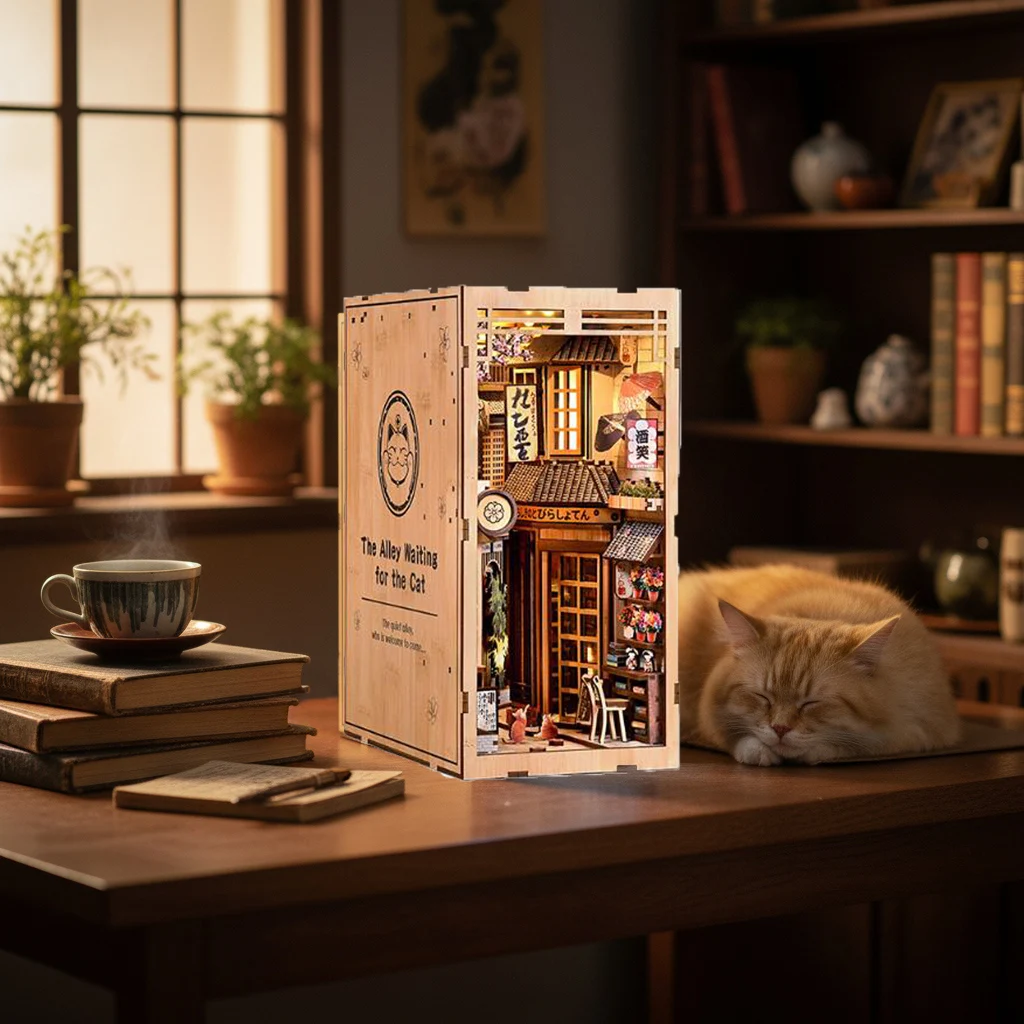 OUZEY 북 누크 DIY 키트 - 고양이 애호가를 위한 고양이 피규어가 포함된 '골목 고양이의 길' 미니어처 하우스 모델, 창의적인 선반 장식 선물