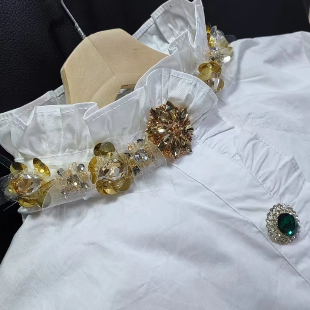 New In Autumn Diamonds Sequins Embroidery Cotton Shirts Blouses For Women\'s Sweet Chic Button Up Long Sleeve White Top Blusas