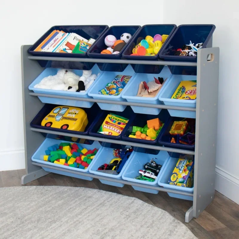 Humble Crew Kids Grey Toy Storage Organizer with 16 Blue Plastic Storage Bins plastic cabinet