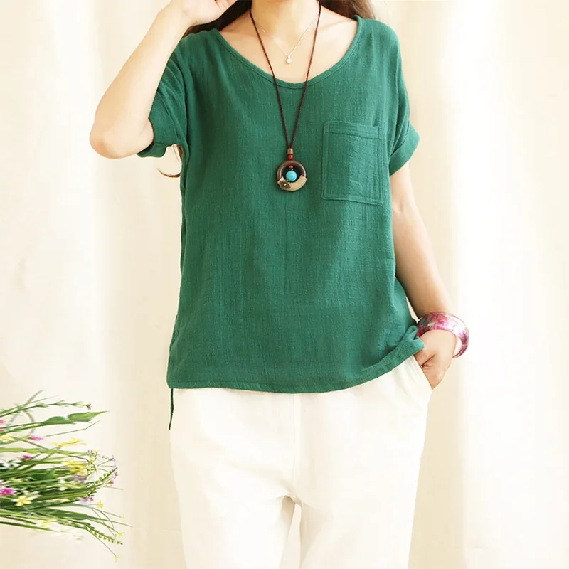 Women\'s T-shirt Loose Cotton Linen Blouse Short Sleeve Shirts Loose Green O-Neck Casual Solid Large Size Women Summer Top