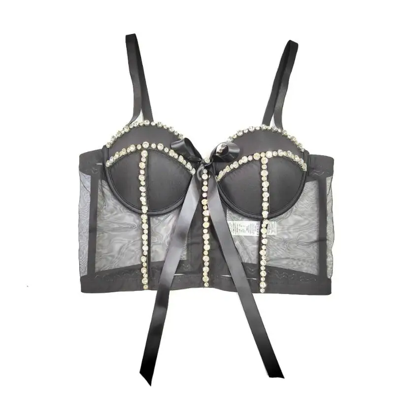 

Women Fashion Rhinestone Bow Mesh Camisole Sexy Perspective Bra Sleeveless Ropa De Mujer Short Bustier Corest Crop Tops p498