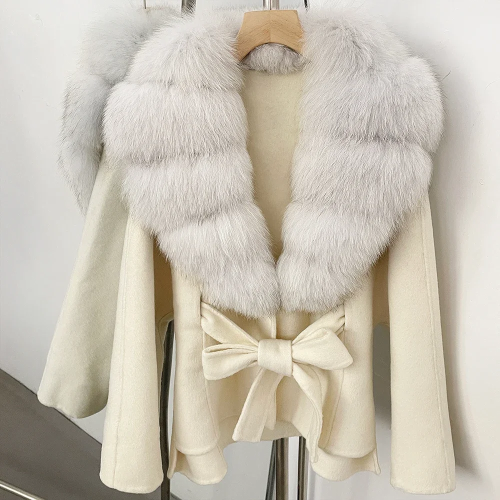 OFTBUY Neue Winterkleidung für Damen, Luxuriöser Kurzer 100% Wollmantel mit Natürlichem Pelzkragen, Warmem Gürtel und Echtem Fuchspelz, Wolljacke für Damen – Detail 37