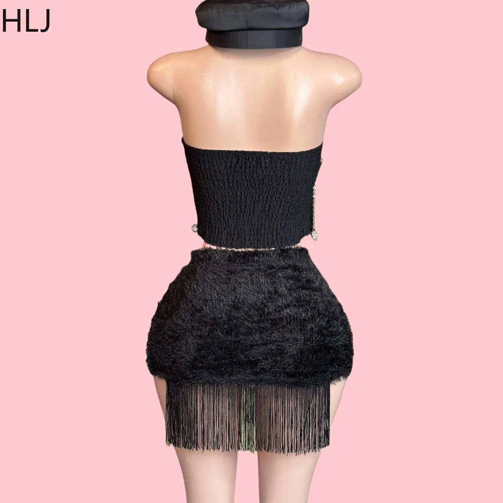 HLJ Black Sexy Y2K Punk Streetwear Women Chain Lace Up Slim Tube And Fur Tassels Mini Skirts Two Piece Sets Fashion 2pcs Outfits