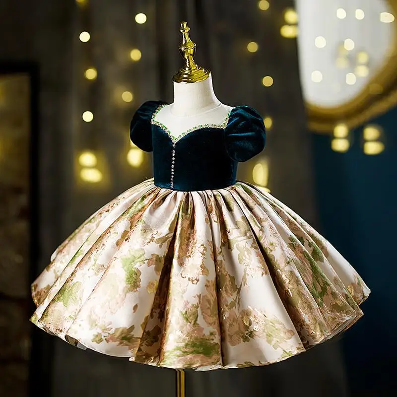 Eid Kids Luxury Party Green Gold Dresses for Girls Birthday Photo Shoot Gown Evening Formal Lace Dress Prom Frock