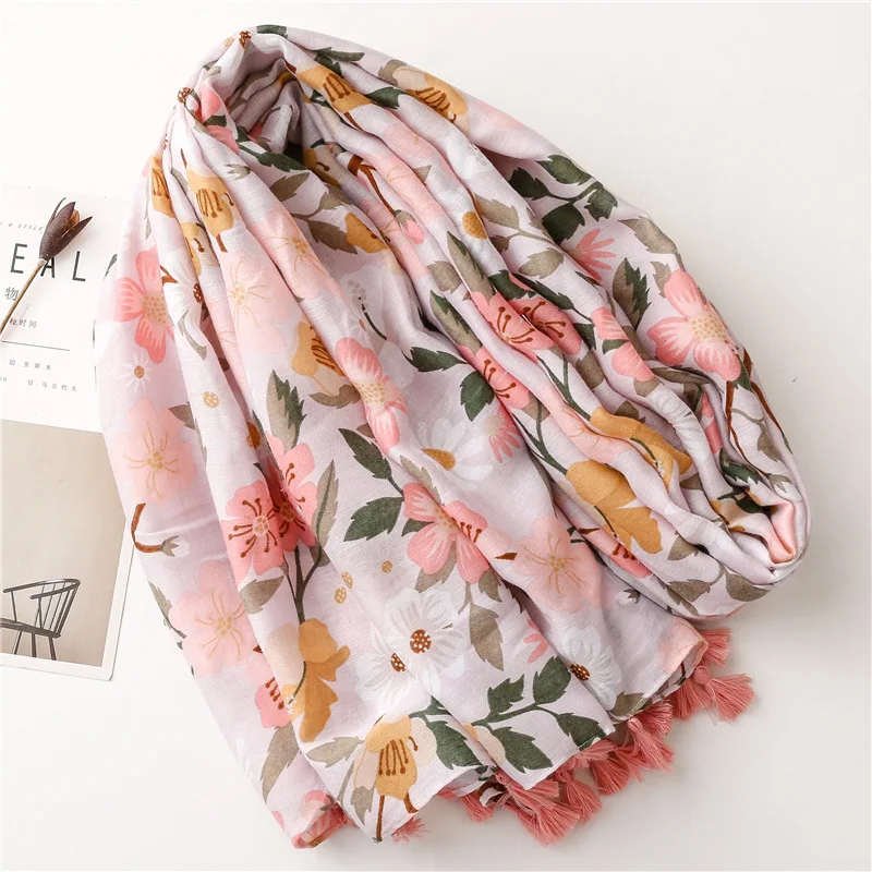 New Women\'s White Color Big Floral Printed with Tassel Scarf Cotton Soft Feeling Viscose Hijabs Scarves Wraps Stoles Shawls