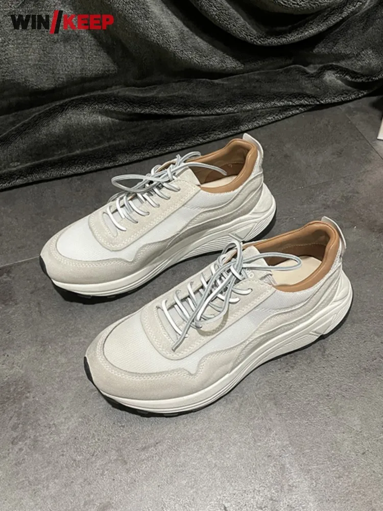 Spring Autumn Men Leisure Cow Suede Leather Splicing Mesh Surface Breathable Thick Soled Lace Up Jogging Sports Running Sneakers
