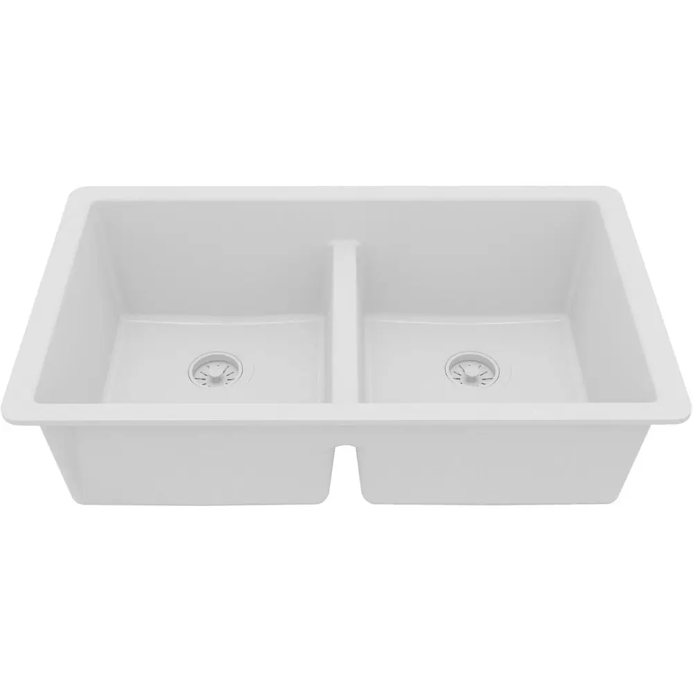 32 White Quartz Composite Undermount Double Bowl Kitchen Sink with Low Divider – 50/50 Equal Bowl, 535° Heat Resistant, Sound Da