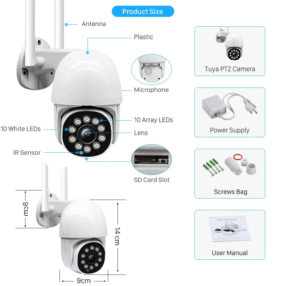 3MP 5X Zoom Tuya Wireless Wifi Camera Outdoor 2MP AI Human Auto-Tracking Wifi PTZ Camera 1080P Color Night Vision CCTV IP Camera