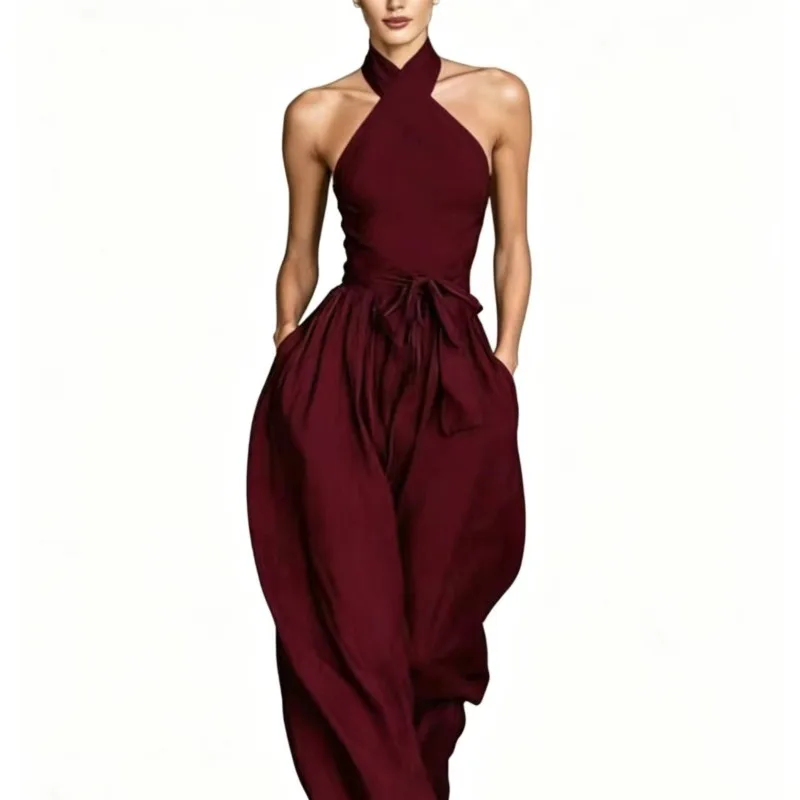 Women's Halter Neck Cross Tie Waist Open Back Wide Leg Jumpsuit Sleeveless With Pockets Elegant One-Piece Pants