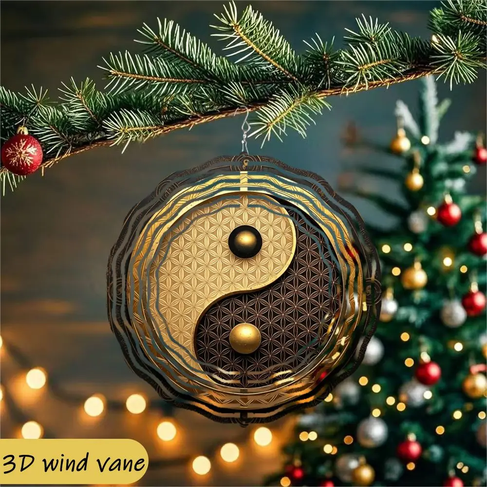 CIFBUY 3D Gold Tai Chi Yin Yang Life of Flower Wind Chime Metal Spinner with 360 Rotating Hook Easy Install Hanging Ornament for