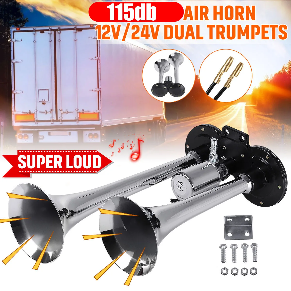 115DB Car Horn Super Loud Dual Trumpet Air Horn 12V/24V For Car Truck Boat Train Horn Hooter For Auto Sound