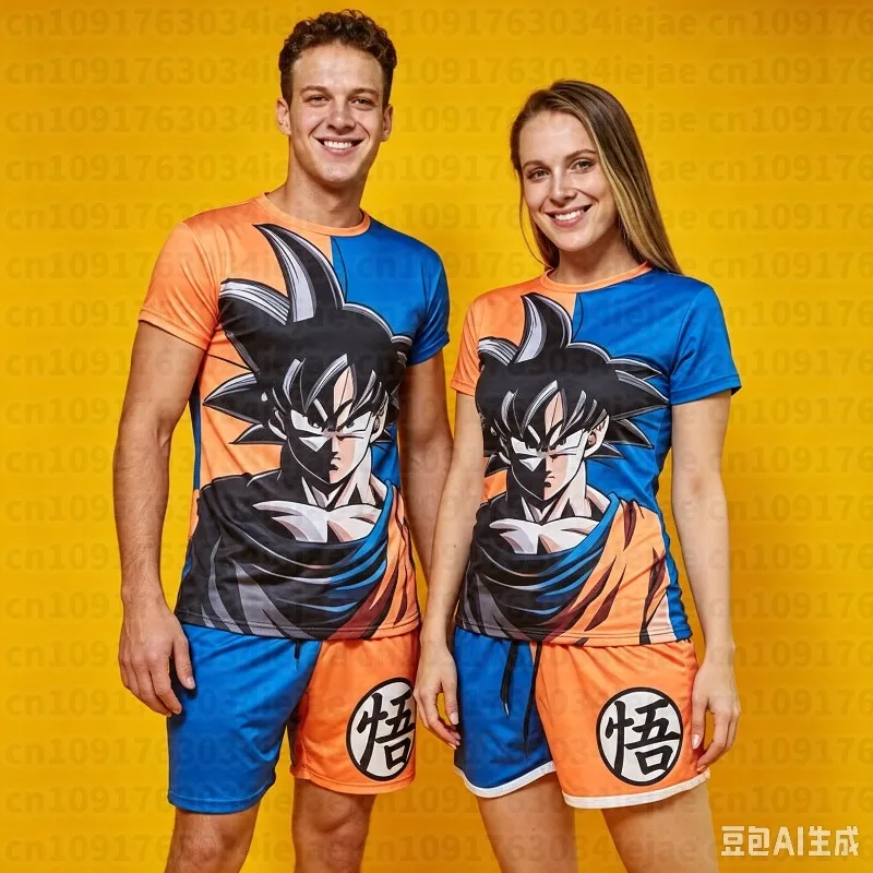 Dragon Ball Goku Couple Pajamas Set Summer 2026 Big Print Short Sleeve Soft Breathable Anime Loungewear for Men and Kid