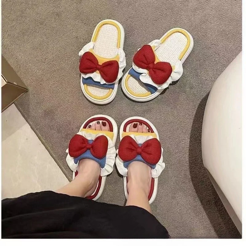 Linen Slippers Women Indoor Slippers Comzy Anti-Slip House Cotton Shoes  Cute Bowknot Flat Slipper Couples Slides Spring Summer