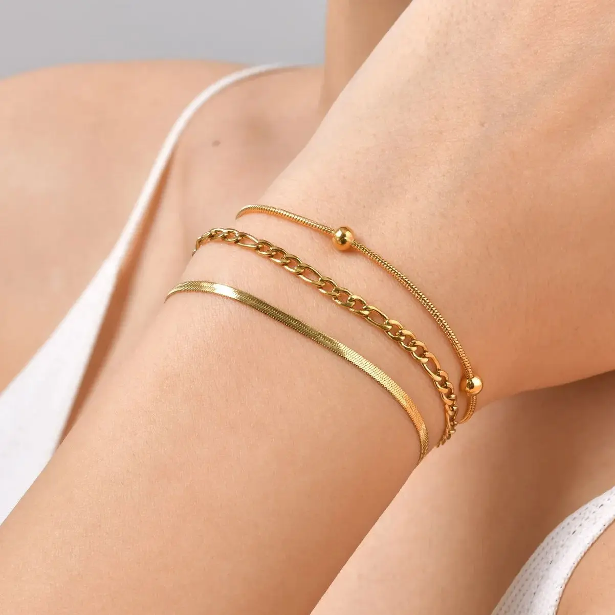 3pcs Set Simple Stainless Steel Bracelet for Women, Adjustable Gold Plated Thin Chain Bracelets, Fashion Stackable Jewelry Set