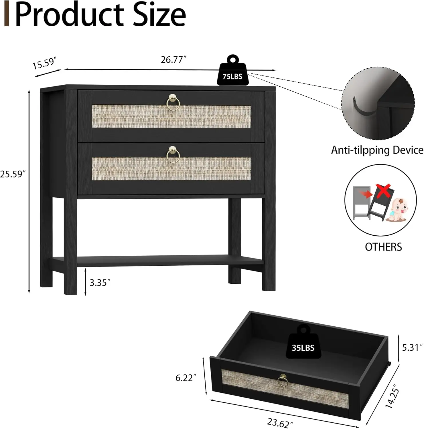 Rattan Nightstand with 2 Drawers and Open Shelf, 27