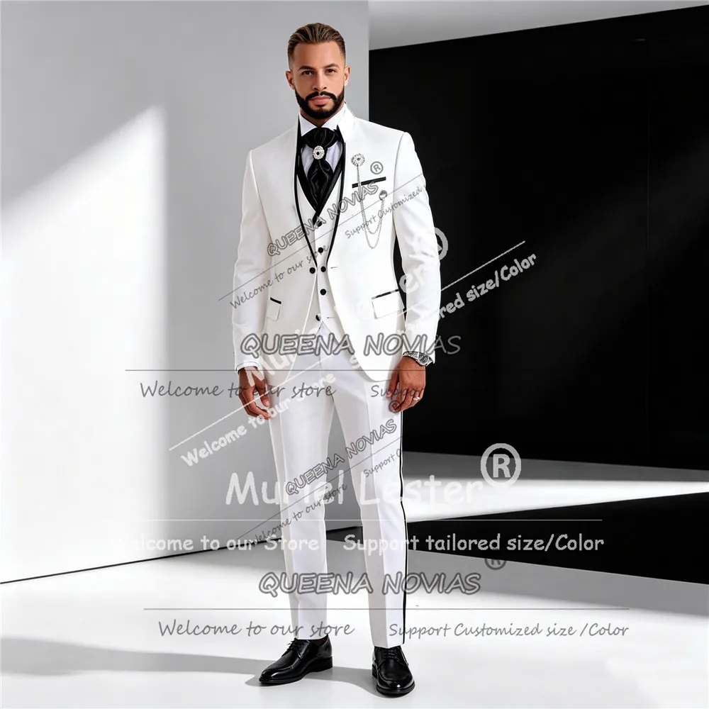 Exclusive White Suits Men For Wedding Plus Size Single Breasted Jacket Vest Pants 3 Piece Sets Groom Tuxedo Custom Made Outfit