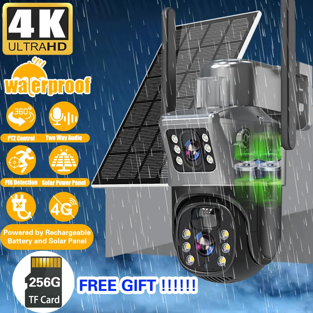 

4K 8MP 10X Zoom Wifi Solar Camera Support 256G Memory Card Outdoor IP Cam Dual Screen Security Protection Wireless Surveillance