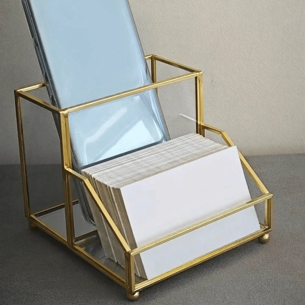 Creative Elegant Business Card Box Golden Edge Clear Business Card Holder Modern glass Name Card Organizer Desk