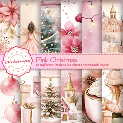 Pink Christmas Scrapbook Paper Pad,12sheets Decorative Craft Papers,Hand Account Material For Junk Journal Background Art Album