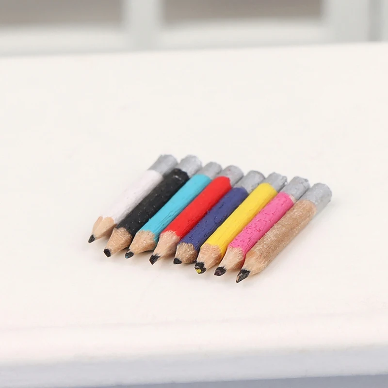 Mini bolígrafo en miniatura para casa de muñecas, 8 piezas, 1:6, modelo de lápiz de colores, suministros escolares, accesorios de decoración para casa de muñecas, juguetes de juego de simulación para niños