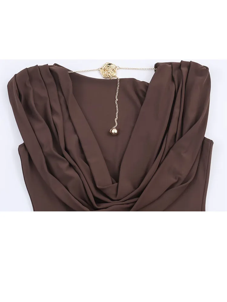 Hh nova mulher primavera moda em torno do pescoço sem mangas sexy sem costas corrente plissado decoração vestido longo feminino elegante vestido de festa