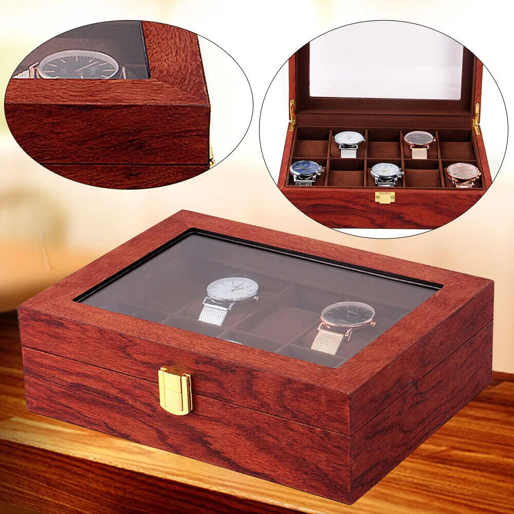 

10 Slots Jewelry Watch Wood Display Box Rosewood Grain Gift Storage Box 26.5*20*8.2cm