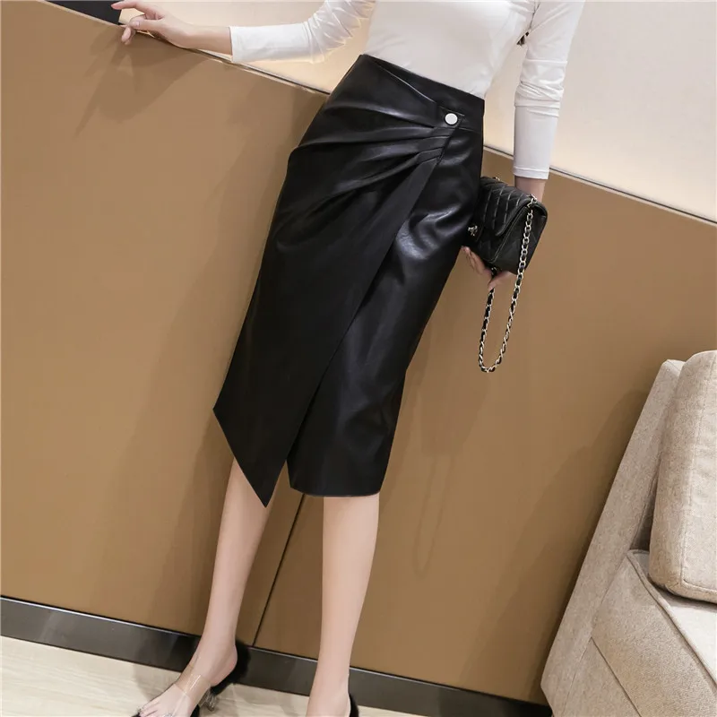 Asymmetric Pleat Design Black Leather Skirt Women's Mid-Length Slim Fit Midi Skirt Early Autumn New Style Street Style High W...