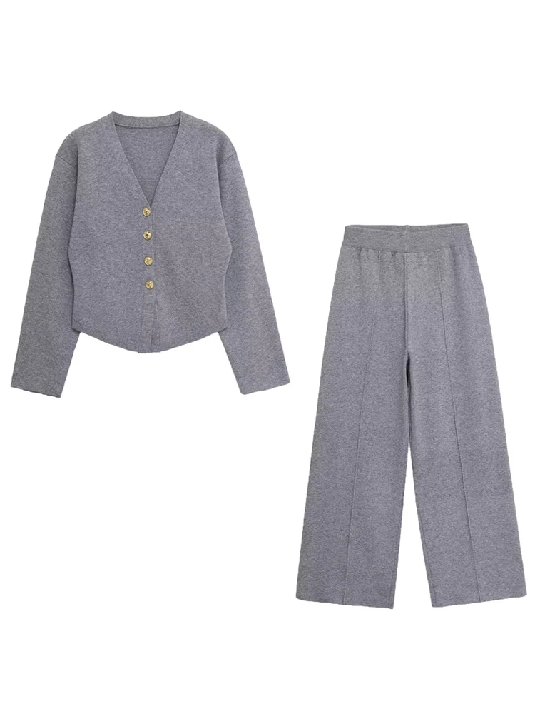 TFMLN 秋のストレートパンツセット レディース シンプルVネック 通勤トップス ファッション ハイウエスト ストリートウェア 女性用パンツ ツーピースセット