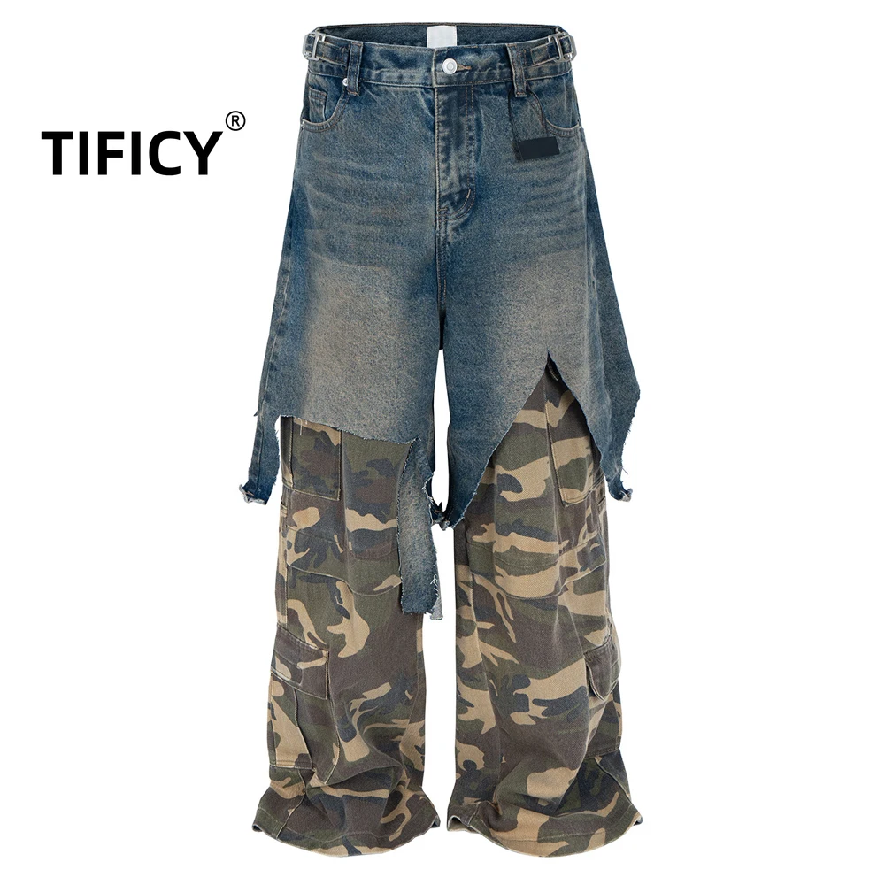 High Street Denim Pants Men's Spliced Fake Two Camouflage Workwear Pants Straight Leg Multi Pocket Color Blocked Jeans