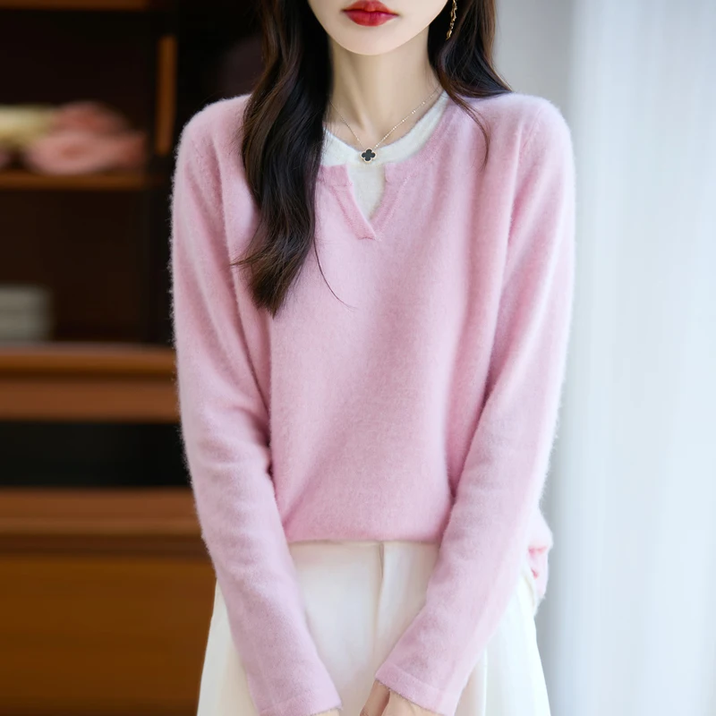 Autumn Winter New Arrival Women's Merino Wool Pullover Fake Two‑Piece Sweater Notched V‑Neck Minimalist Long Sleeve Knit Top