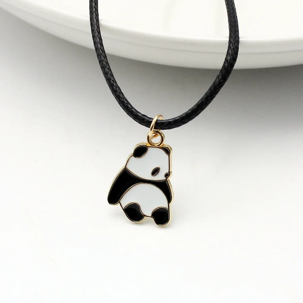 Goth Panda Short Animal Pendant Choker Chain Necklace for Women Black Leather Braid Wax Cord Halloween Jewelry Accessories